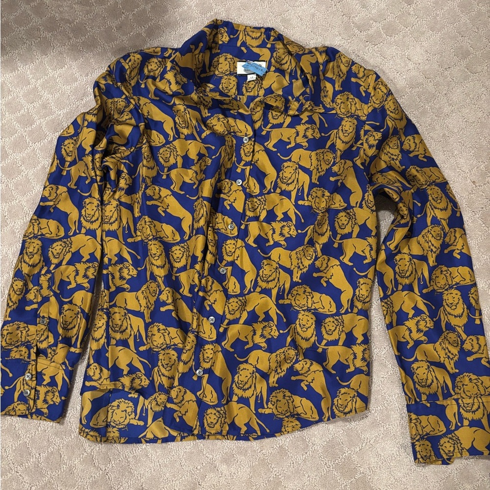 J Crew Blue and Yellow Lion Print Button Down size 14